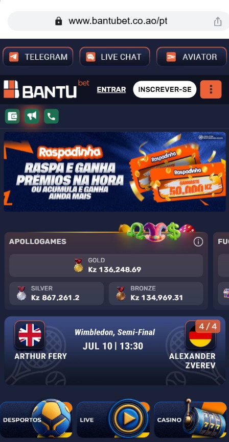 Página inicial da Bantubet com o botão Inscrever-se