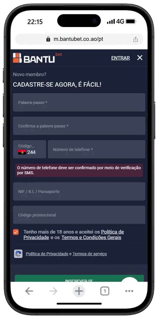 Formulário de registo da Bantubet no telemóvel