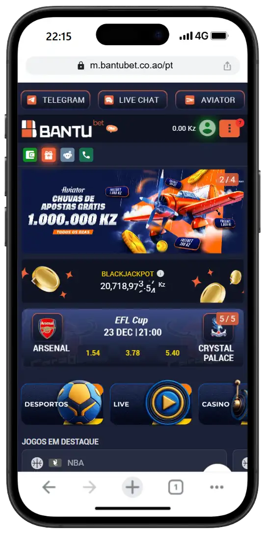 Página inicial da Bantubet no telemóvel